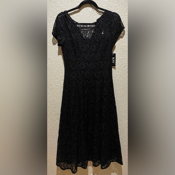 NWT SLNY Lace Sequins Midi Black Dress Size 2 - Picture 4 of 11